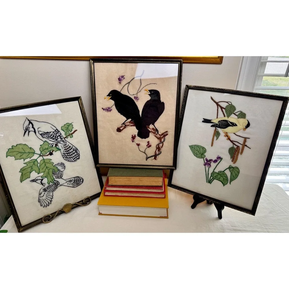 VTG Crow Bird Silk Embroidery Set 3 Wall Art Boho Whimsigoth Decor Framed